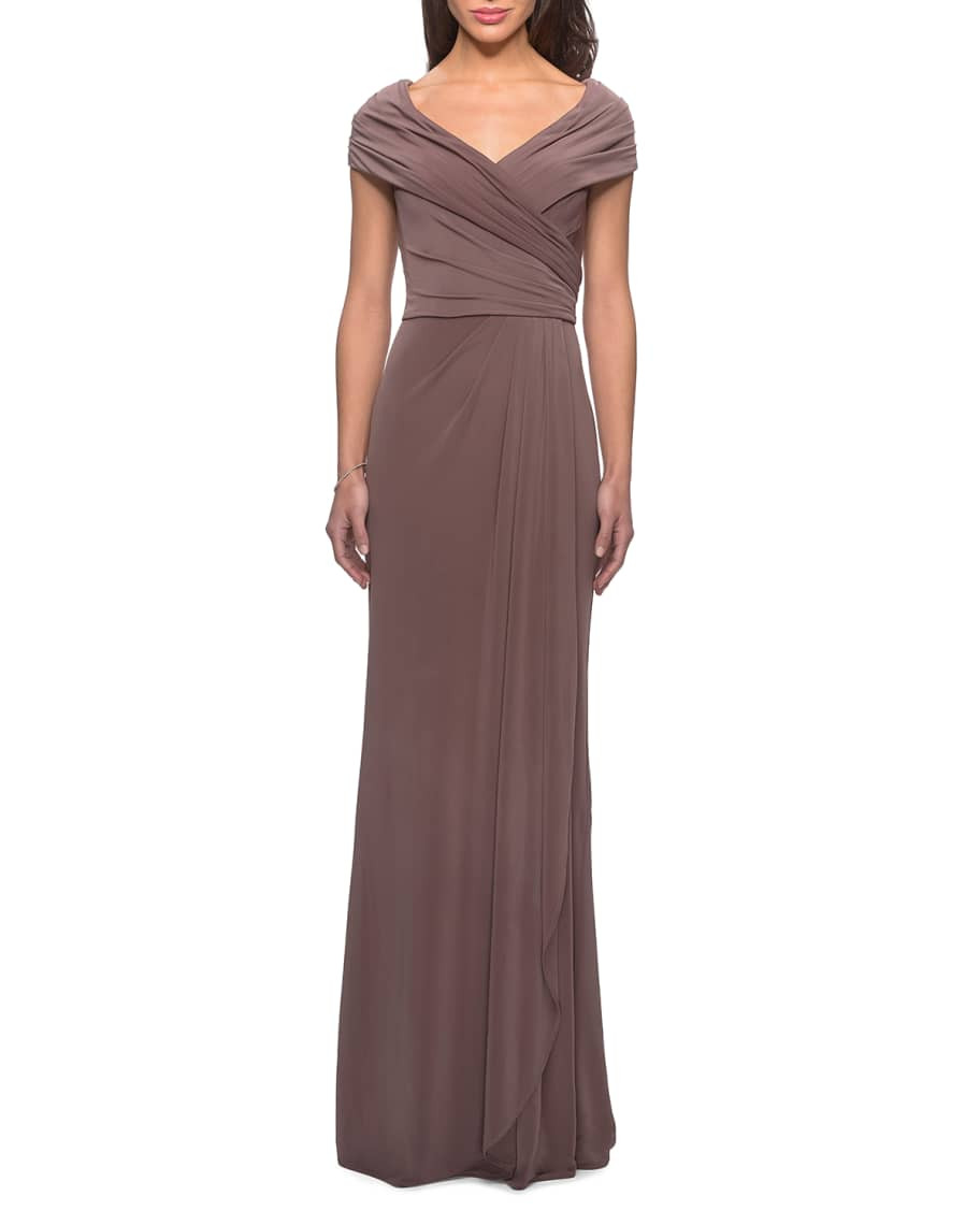 La Femme Short-Sleeve Ruched Jersey Gown Dress | Neiman Marcus