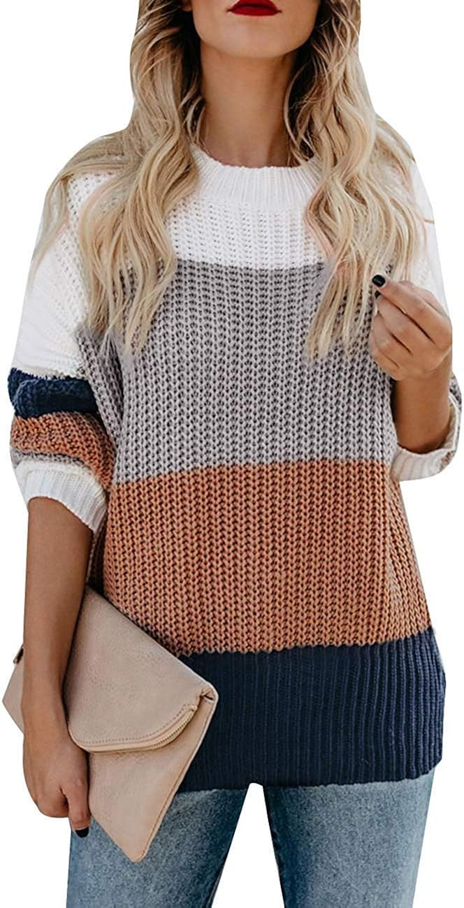 MEROKEETY Women's Crew Neck Long Sleeve Color Block Knit Sweater Casual Pullover Jumper Tops | Amazon (US)