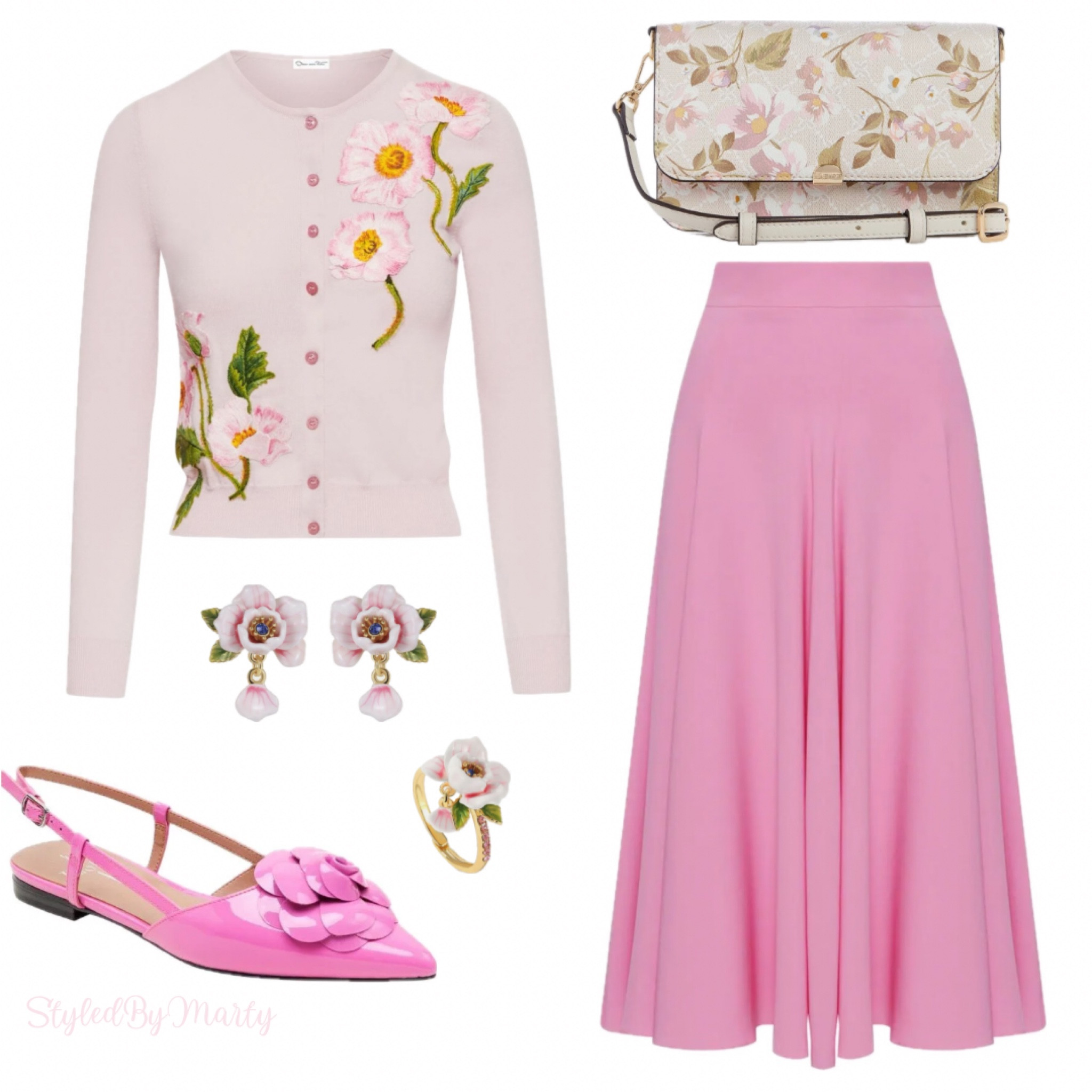 Grand millennial style, spring outfit, outfit ideas, outfit inspo, pink outfit, spring fashion, feminine, feminine fashion, feminine style, Oscar De La Renta, pink cardigan, flower printed cardigan, pink midi skirt, flat shoes, flat slingback, pink flower earrings, pink flower ring 

#LTKshoecrush #LTKSeasonal #LTKstyletip