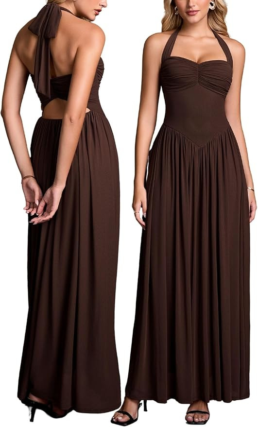 Parthea Halter Neck Corset Maxi Dress Elegant Backless Long Dress for Women Wedding Guest Party E... | Amazon (US)