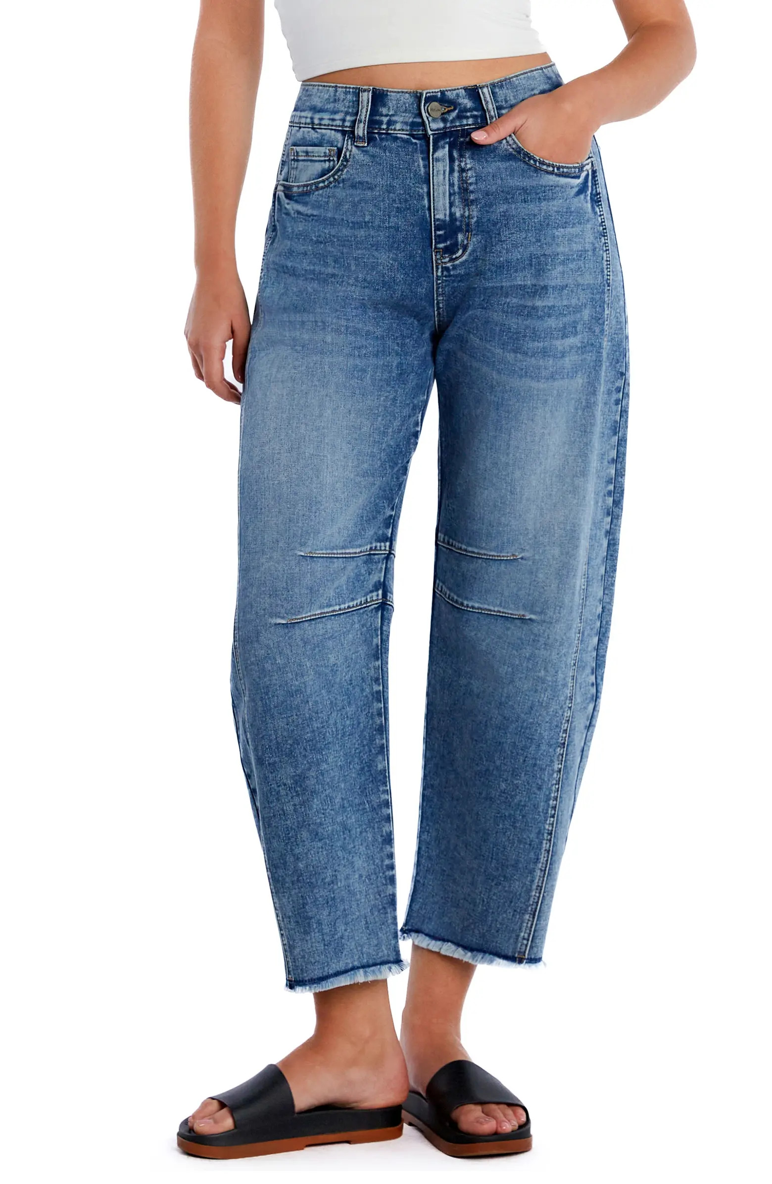 HINT OF BLU Frayed High Waist Crop Barrel Jeans | Nordstrom | Nordstrom