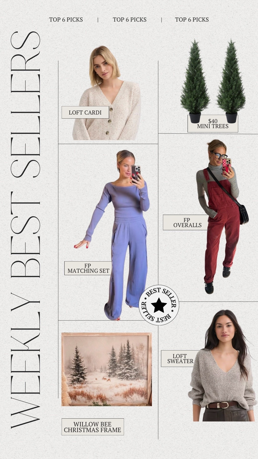Last Weeks Top Six Picks 🫶🏼

1. Loft Cardi
2. $40 3ft set of Christmas Trees
3. FP Go to Long Sleeve Set
4. FP Ziggy Denim Overalls
5. Willow Bee Christmas frame - use code LOLA20  (website only)
6. Loft Sweater 