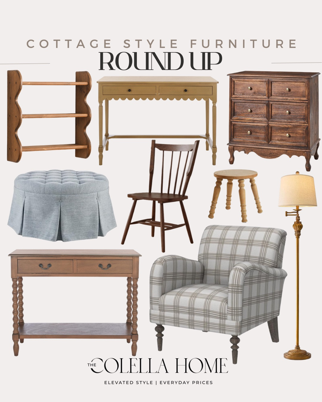 Cottage style furniture includes accent chair, floor lamp, console table, wooden shelf, dining chair, ottoman, stool, and dresser.

Home decor, furniture, looks for lesss includes

#LTKSeasonal #LTKvlog #LTKHome