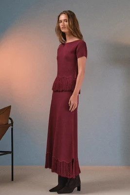 Fringe Hem Knit Midi Skirt BURGUNDY / L | English Factory