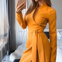 Mustard Yellow Wrap Short Dress Long Sleeves | Etsy (US)