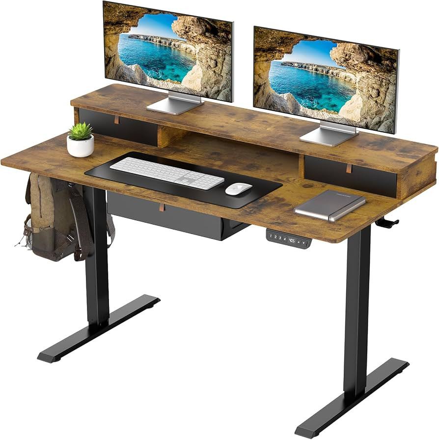 Veken Standing Desk with Under-Desk Drawer and Raised Storage Shelf,Electric Height Adjustable Si... | Amazon (US)