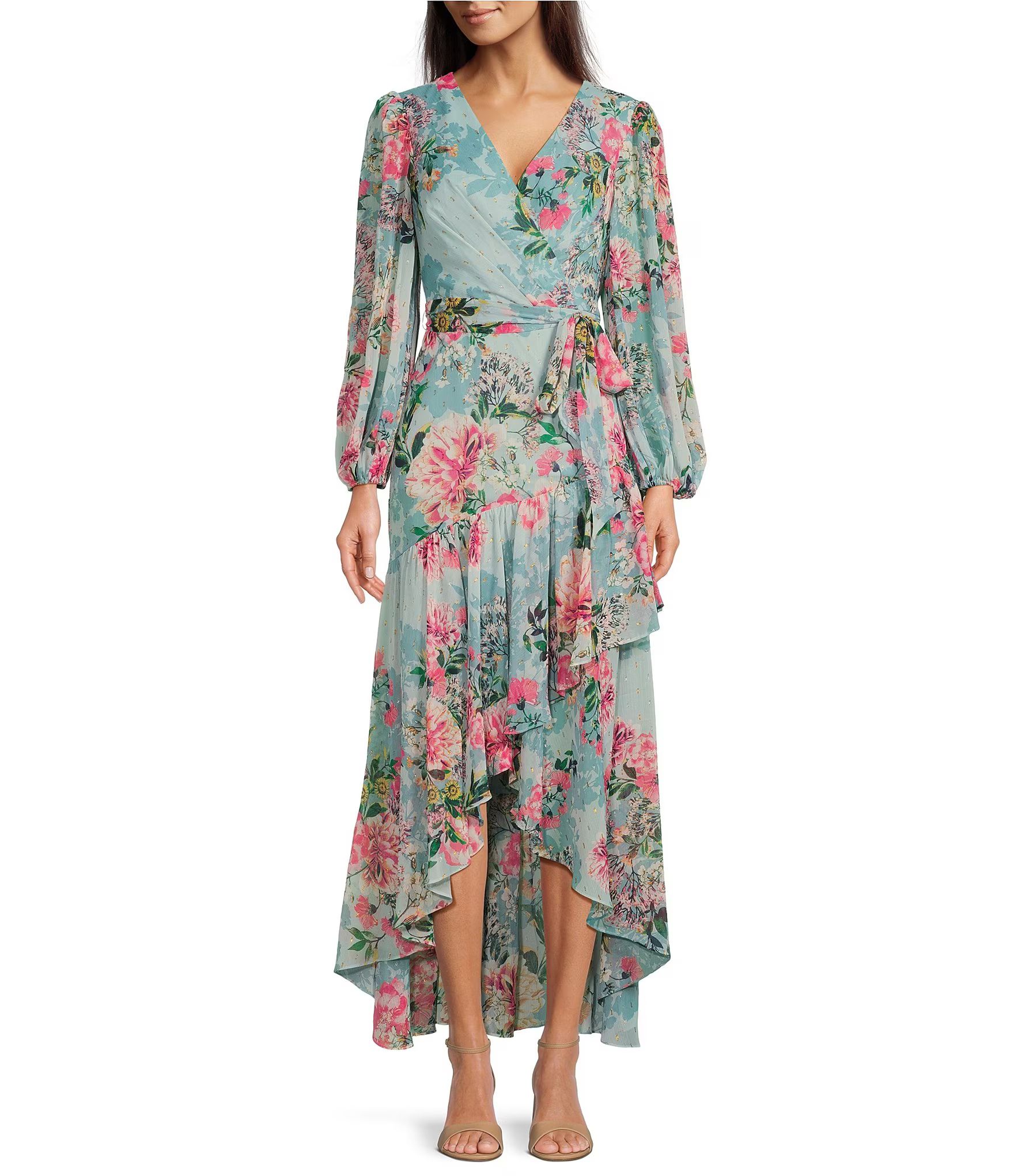 Floral Metallic Surplice V-Neck Long Sleeve High-Low Wrap Maxi Dress | Dillard's