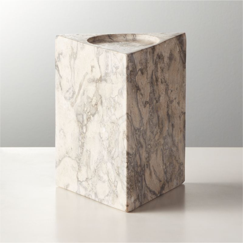 Trig Grey Marble Pillar Triangle Candle Holder Small + Reviews | CB2 | CB2