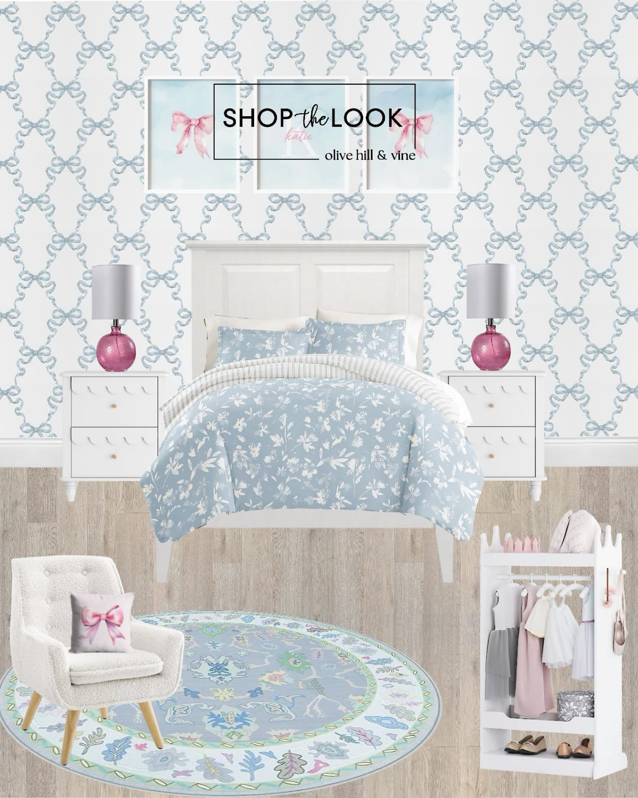 Give her a space that’s as charming as she is! This bow-themed bedroom pairs blue wallpaper and floral bedding with pops of pink. Highlights include scalloped nightstands, pink glass lamps, a sherpa chair, and personalized bow artwork for a playful, polished vibe. 

#LTKFamily #LTKKids #LTKHome