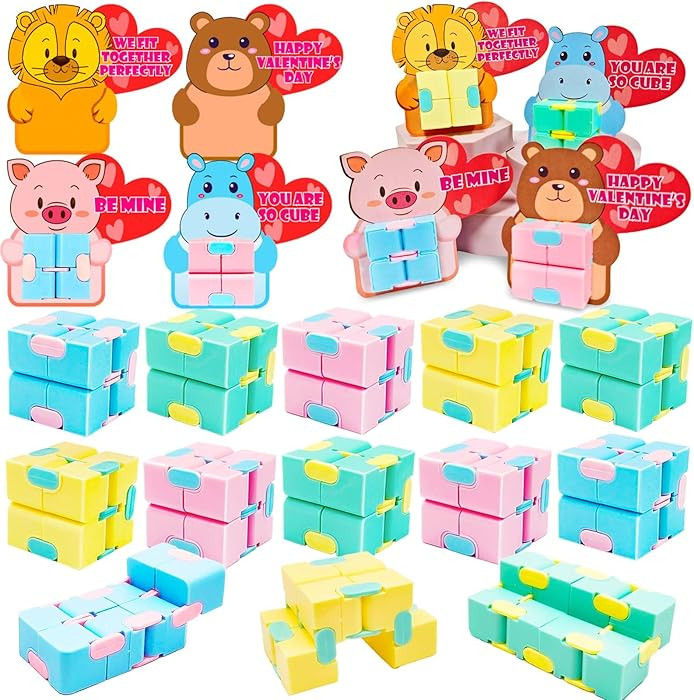 28 Pack Valentines Day Gifts for Kids Infinity Cube Fidget Toys Valentines Cards Goodies Bags- St... | Amazon (US)