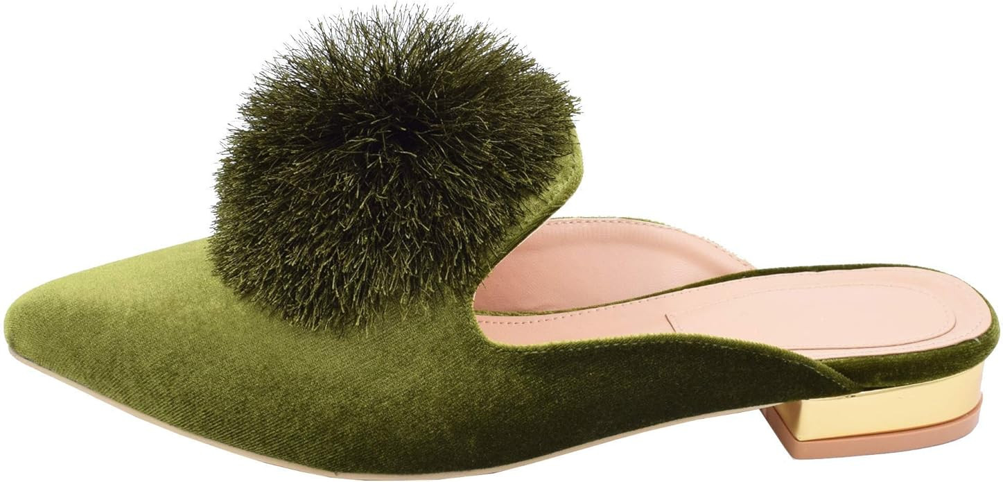 Fericzot Slip On Mule Backless Loafers Flats Puff Pompom Pointed Toe Casual Shoes Slippers | Amazon (US)