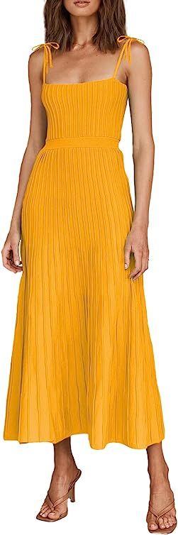 ARTFREE Womens Ribbed Knit Summer Maxi Dresses Tie Straps Square Neck Party Long Dress | Amazon (US)