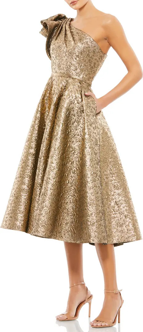 One-Shoulder Metallic Brocade Midi Cocktail Dress | Nordstrom