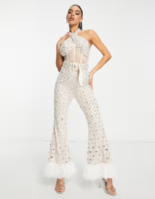 ASOS LUXE halter neck corseted wide leg embellished jumpsuit in natural | ASOS (Global)