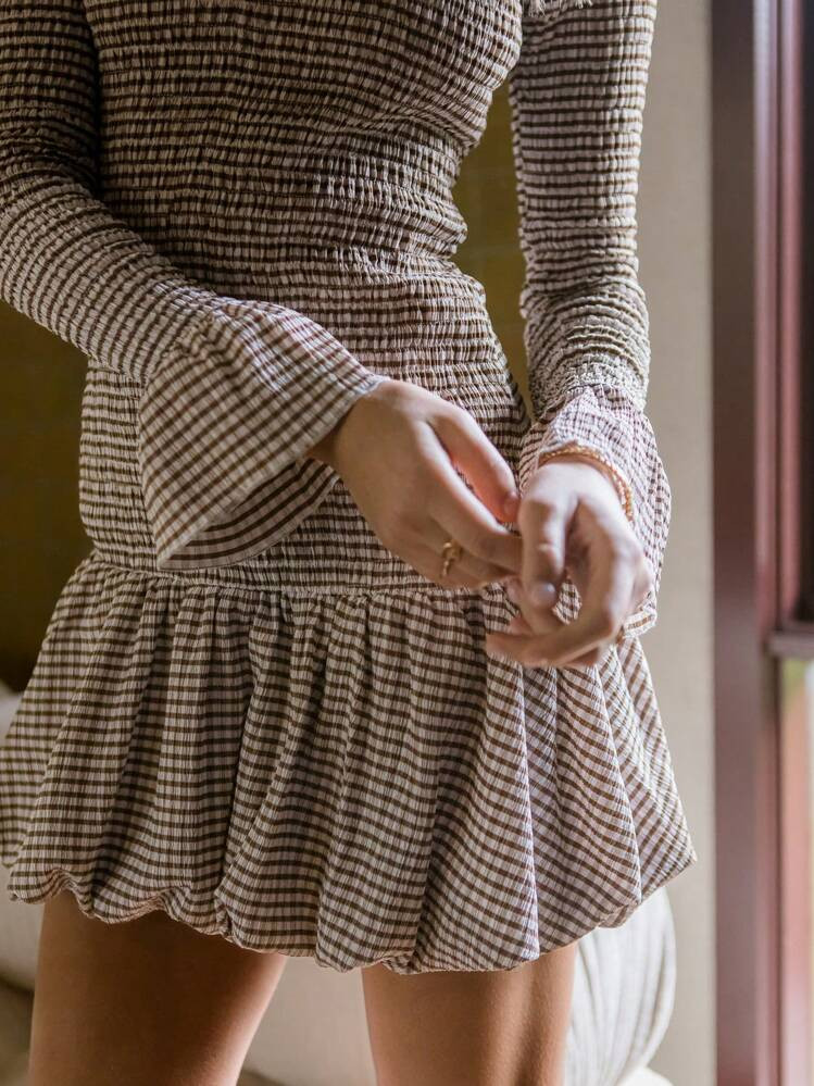 Aralina Gingham Shirred Bodice Bubble Hem Mini Dress With BelL Sleeves | SHEIN