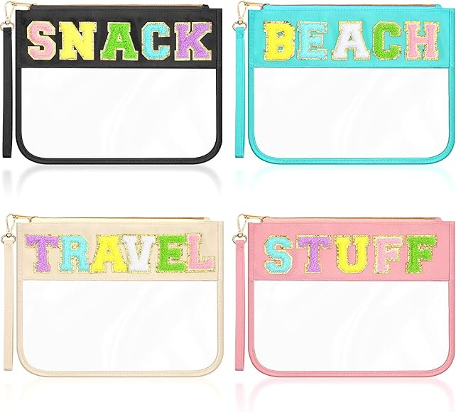 4 Pack Clear Chenille Letter Bag Stoney Clover Dupes Travel Beach Snack Zipper Pouch for Cosmetic... | Amazon (US)