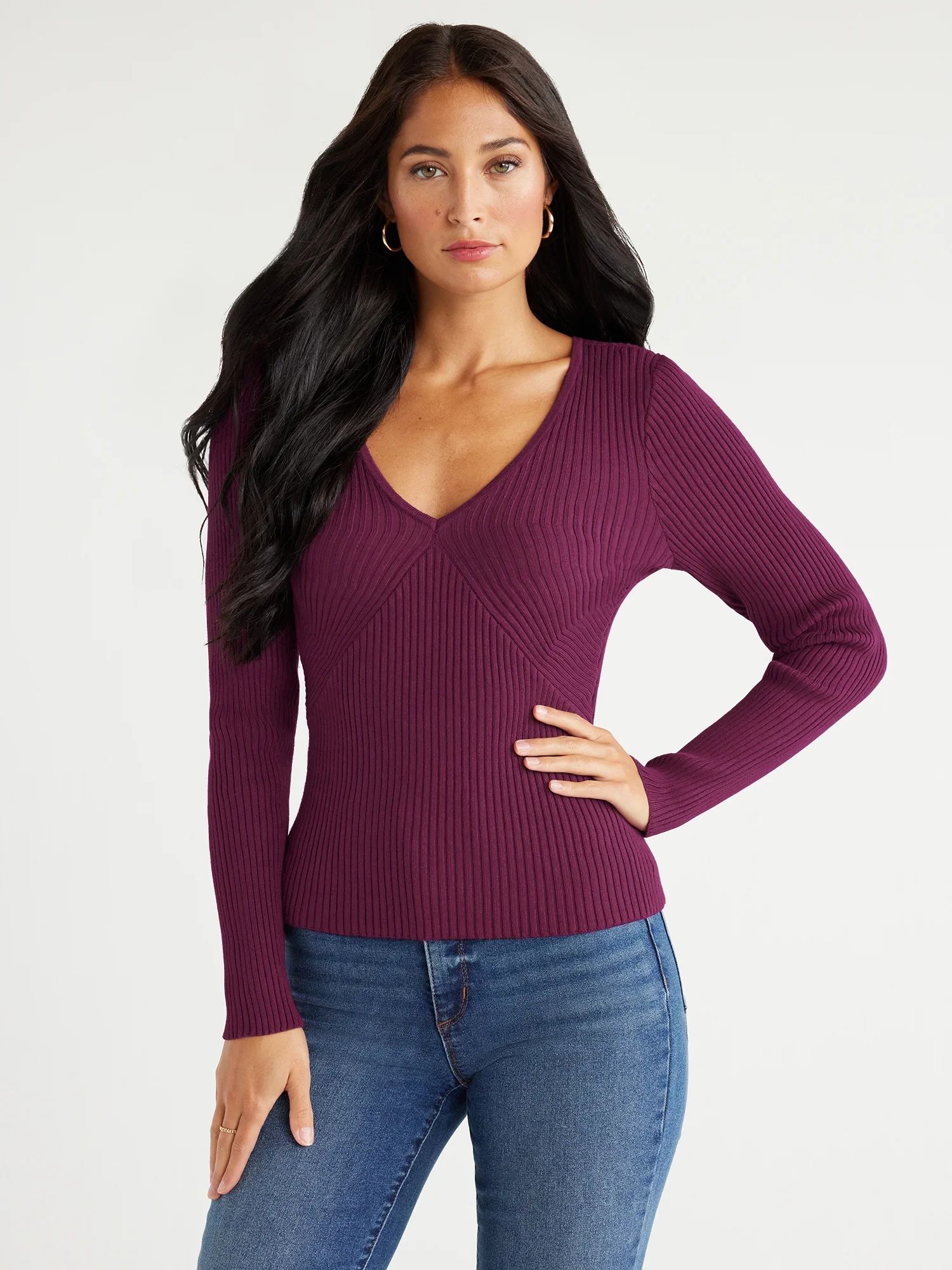 Sofia Jeans Women's Ribbed Sweater with Long Sleeves, Sizes XS-3XL | Walmart (US)