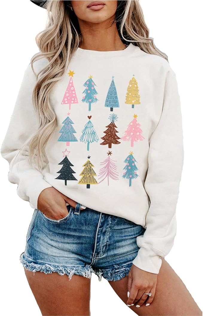 BOUTIKOME Christmas Tree Sweatshirt for Women Funny Xmas Tree Graphic Long Sleeve Crewneck Pullov... | Amazon (US)