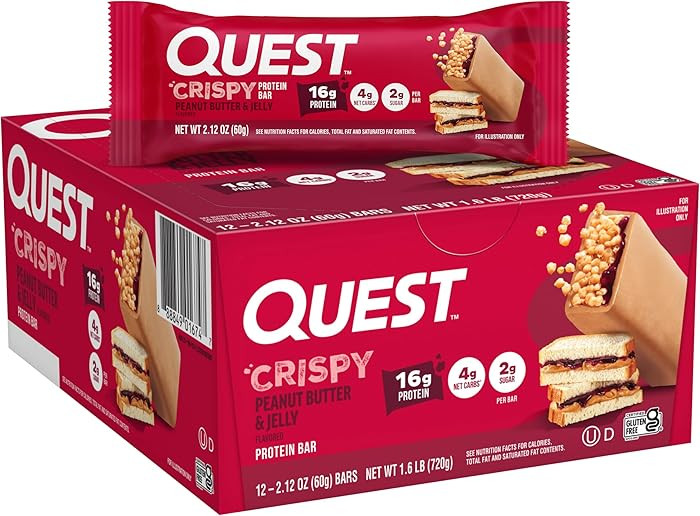 Quest Nutrition Crispy Peanut Butter & Jelly 16g Protein Bar, 2g Sugar, 4g Net Carbs, Gluten Free... | Amazon (US)