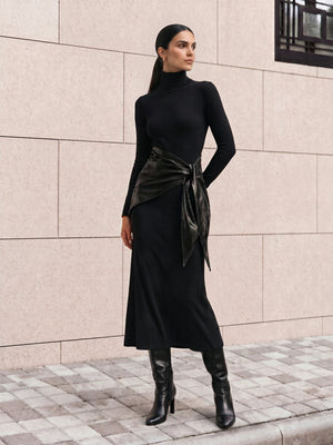 Faux Leather Sash Turtleneck Maxi Dress | Commense
