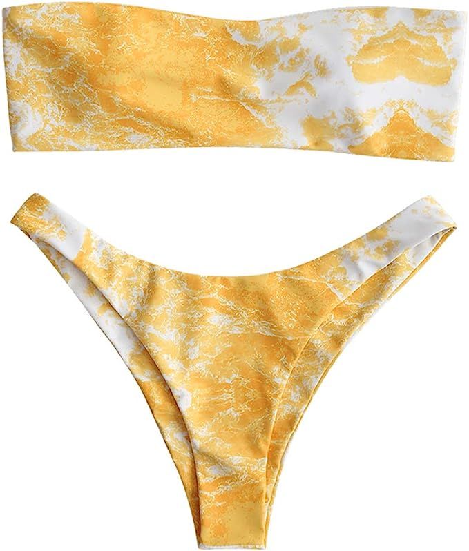 ZAFUL Women's Swimsuits Cactus Print Tube Strapless Bandeau Bikini Set | Amazon (US)
