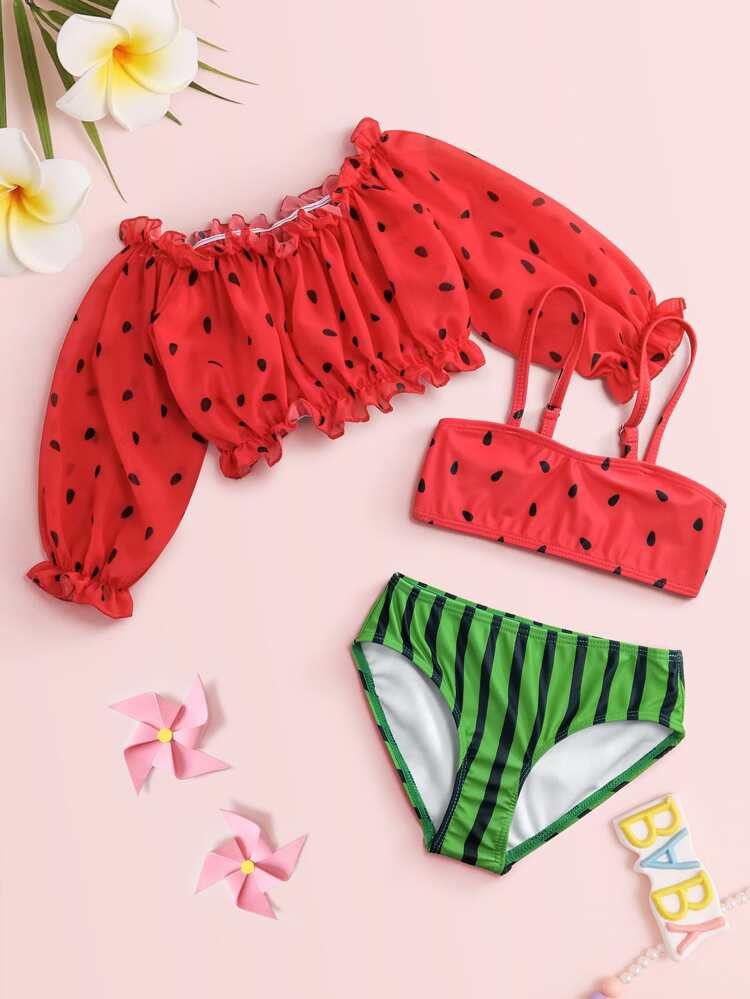 3pack Toddler Girls Watermelon Print Frill Trim Bikini Swimsuit | SHEIN