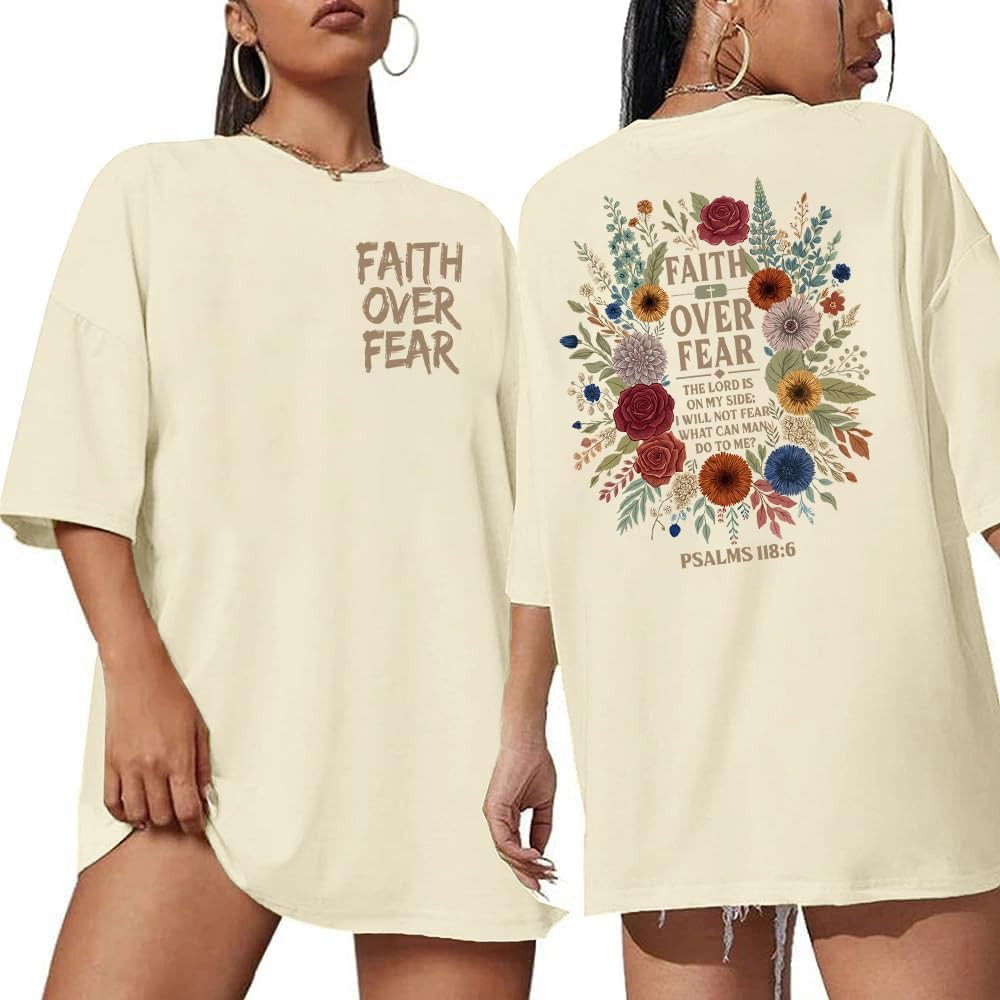 Christian Shirts for Women Oversized Faith Over Fear Boho Tops God Bible Verse Inspirational Tees... | Amazon (US)