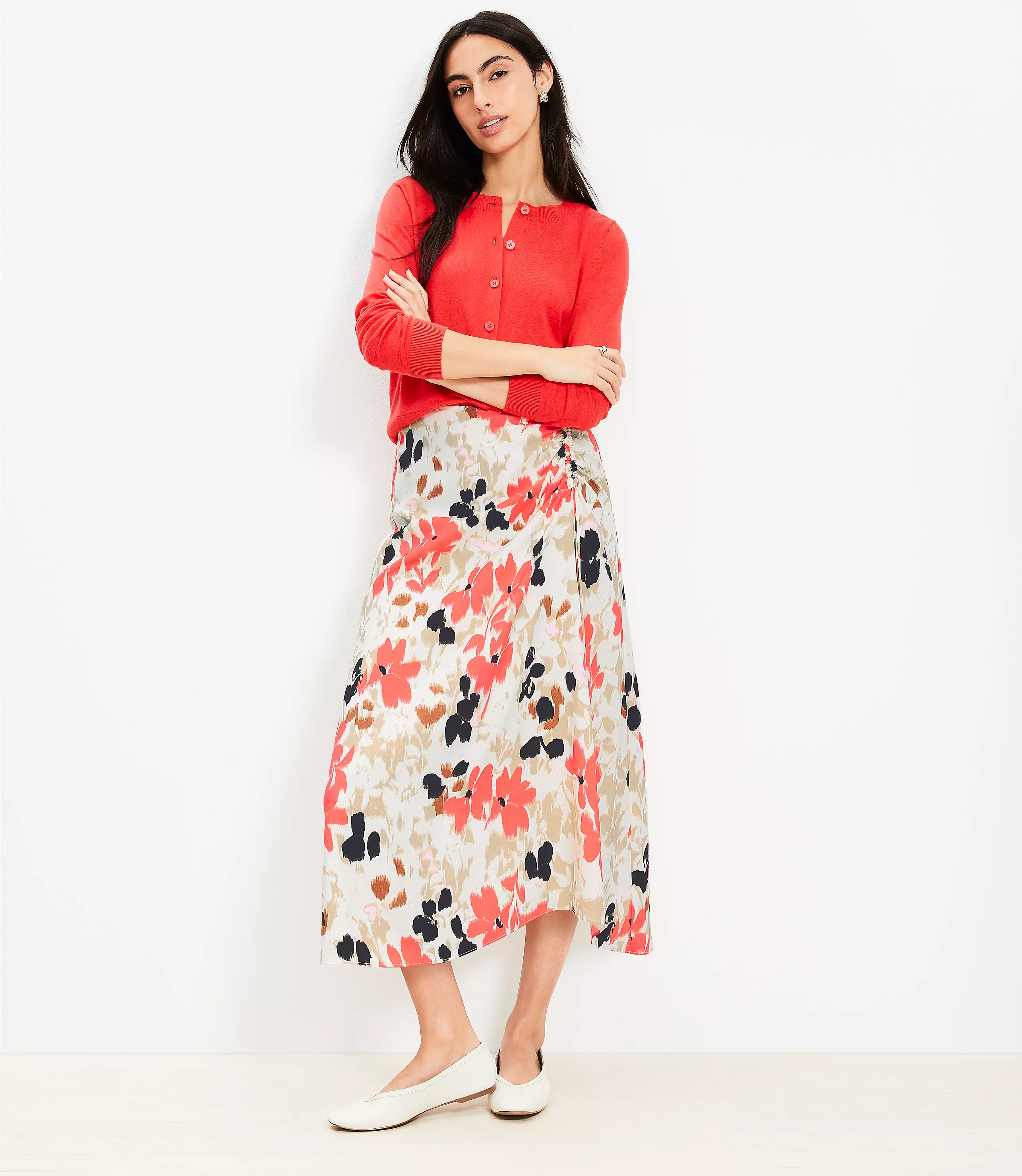 Gardenia Ruched Midi Skirt | LOFT