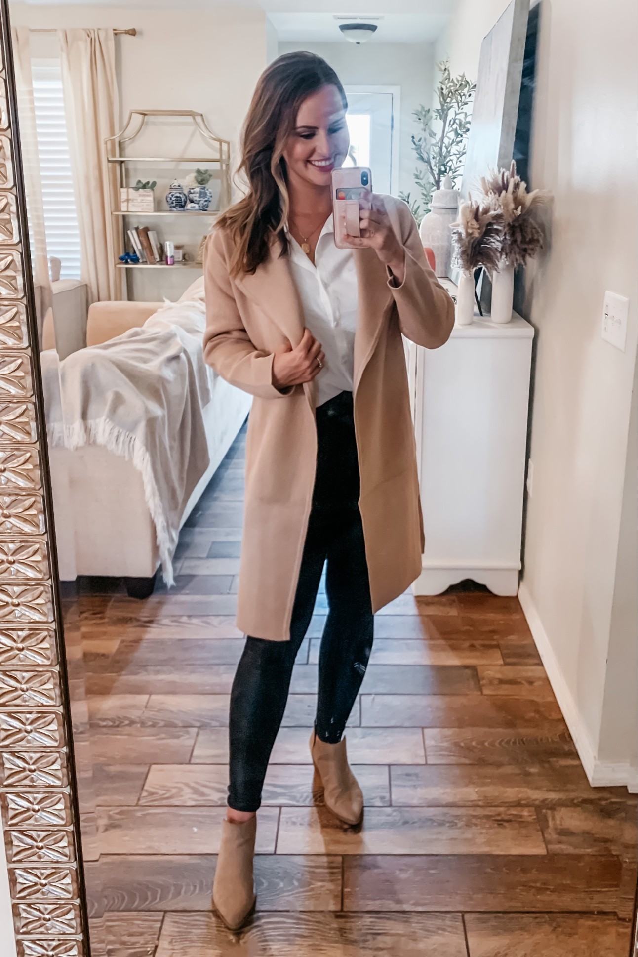 Amazon fashion finds! Love this fall outfit- perfect for work or weekend. Wearing the M in this coat / cardigan and the quality is AMAZING. Great fall piece for work or wear over dresses, church attire, wedding guest dress, etc. Worn with a white button down and faux leather leggings! 

Fall clothes. Work clothes. Teacher outfits. Workwear. Work style. Blazer. Jacket. Amazon jackets. coatigan. Fall coat. Faux leather leggings. Mom style. Fall fashion. Mom fashion.#LTKunder50 

#LTKworkwear #LTKHoliday #LTKSeasonal