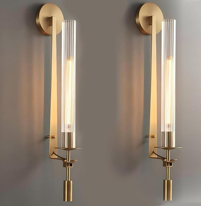 LIGHTLAND Gold Wall Sconces Set of 2, 28 Inch Modern Metal Glass Wall Light Fixture, Wall Lamp fo... | Amazon (US)