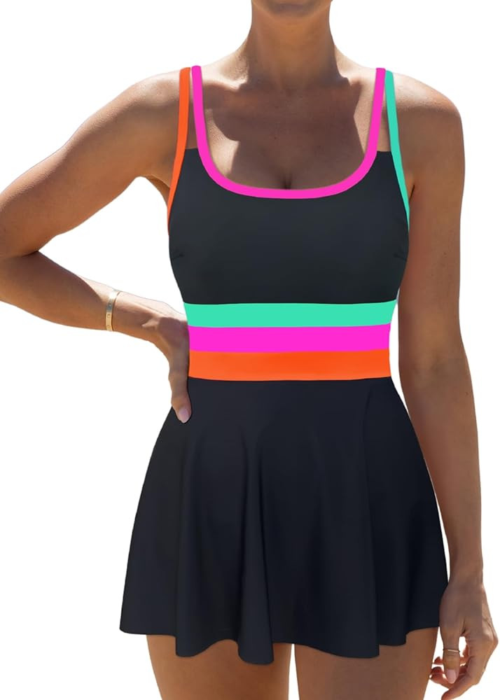 popvil Women One Piece Swimsuit 2026 Tummy Control Bathing Suit Neon Modest Swim Dress with Skirt... | Amazon (US)