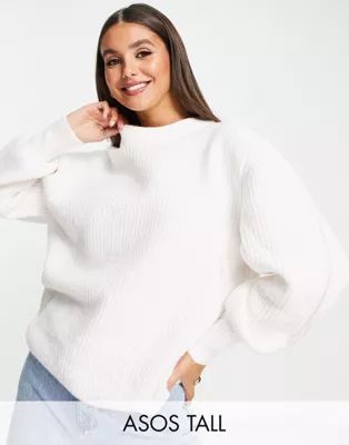 ASOS DESIGN Tall crew neck sweater in rib with fluffy yarn in cream | ASOS (Global)