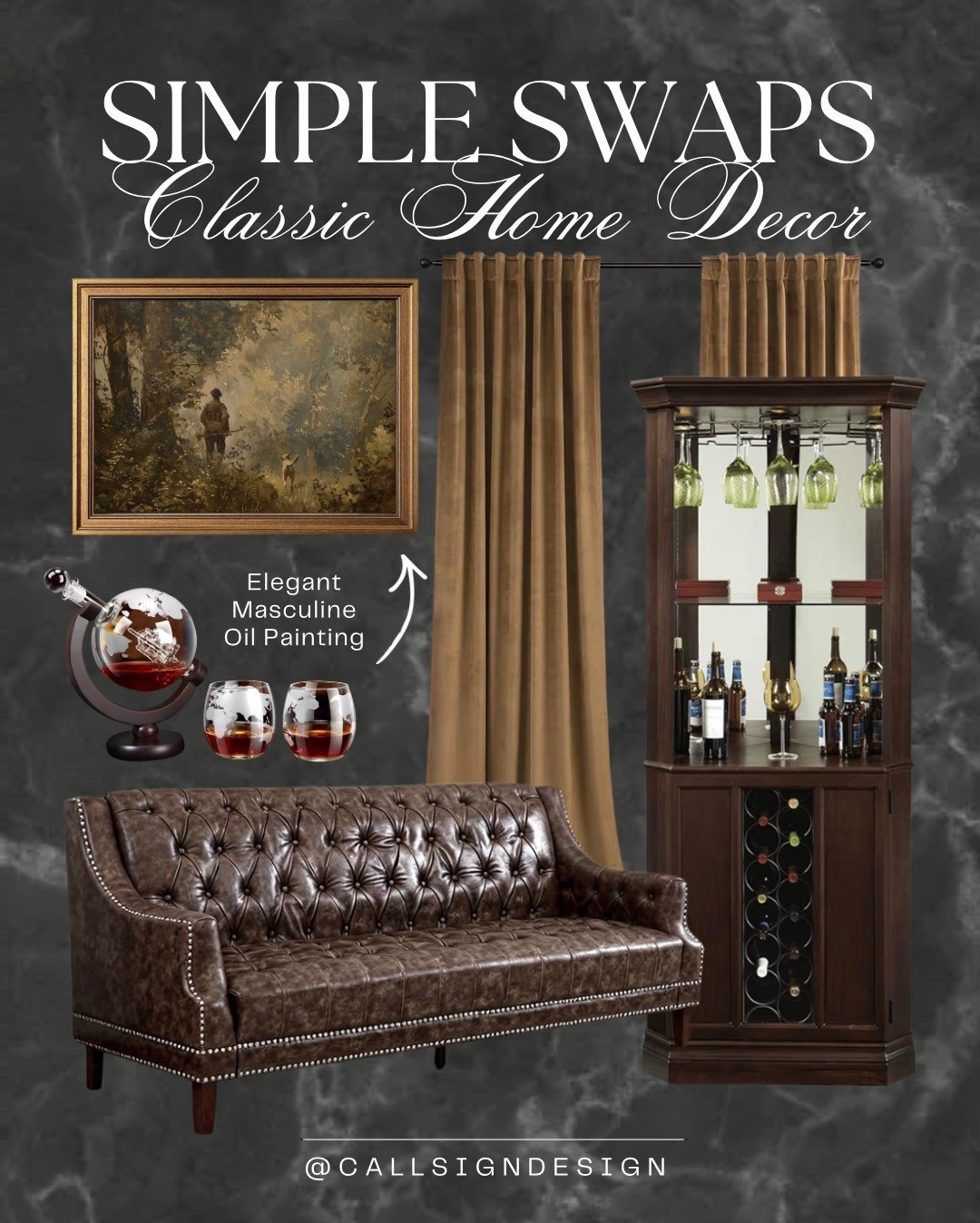 Rich, dark tones and warm undertones set the mood for a space that feels refined and inviting. A globe whiskey decanter and a thoughtfully styled at home bar add subtle masculine touches that bring depth, character, and a sense of timeless sophistication. 🥃 

#HomeBarStyle #MasculineDecor #MoodyInteriors #WhiskeyLovers #TimelessStyle #CollectedHome #HomeDecor #DesignDetails #callsigndesign