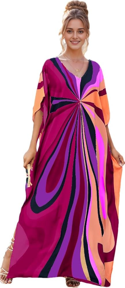 RanRui Floral Print Kaftan Dresses for Women Ethnic Boho Print swim cover up Batwing Sleeve Vneck... | Amazon (US)