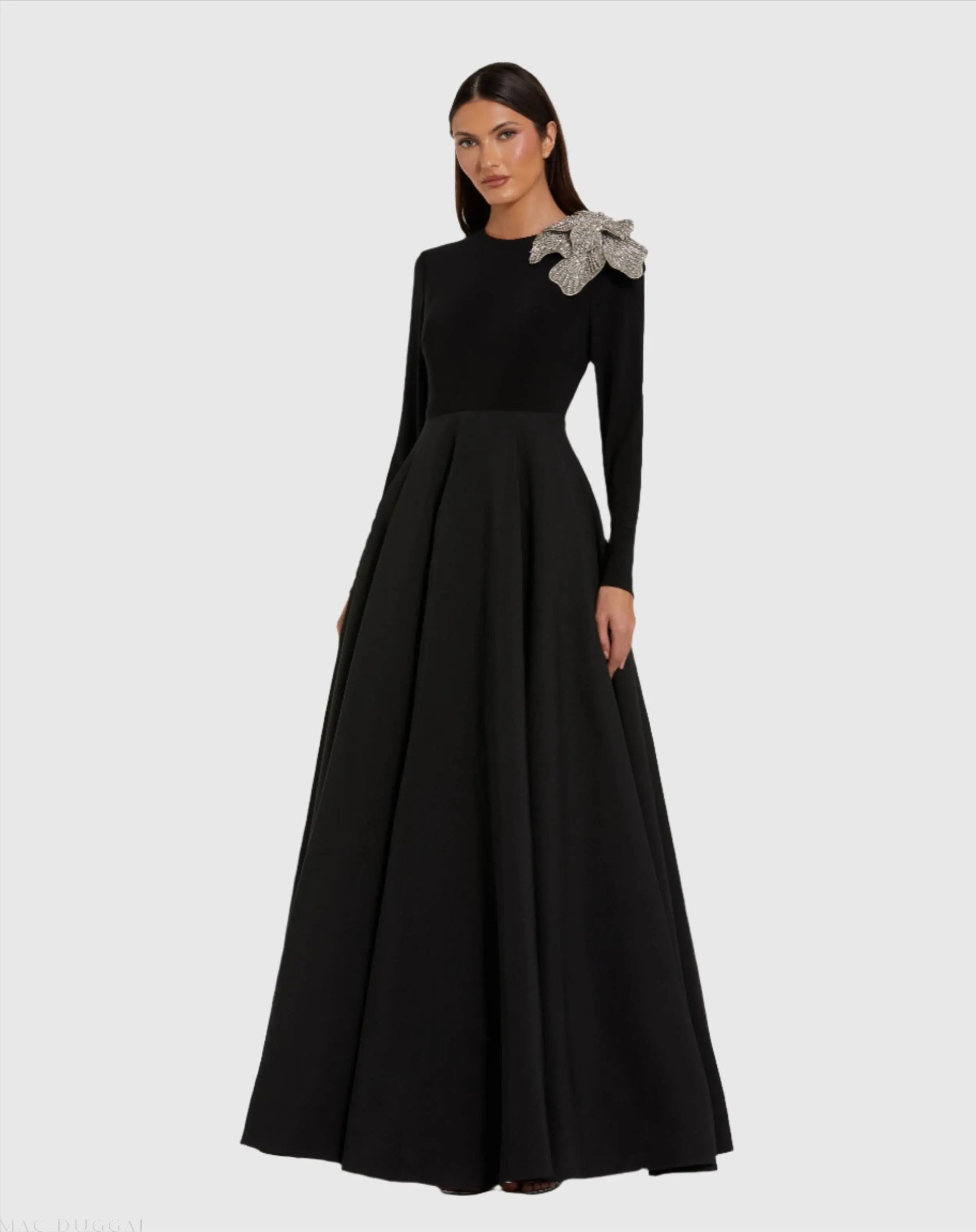 Black Long Sleeve Taffeta Ballgown with 3D Rhinestone Flower | Mac Duggal | Mac Duggal
