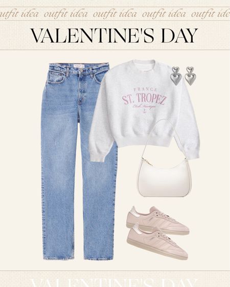 Casual Valentine’s Day outfit idea 🩷 pink graphic sweatshirt, jeans, pink sambas, white shoulder bad, heart earrings 

#LTKfindsunder100 #LTKfindsunder50 #LTKstyletip