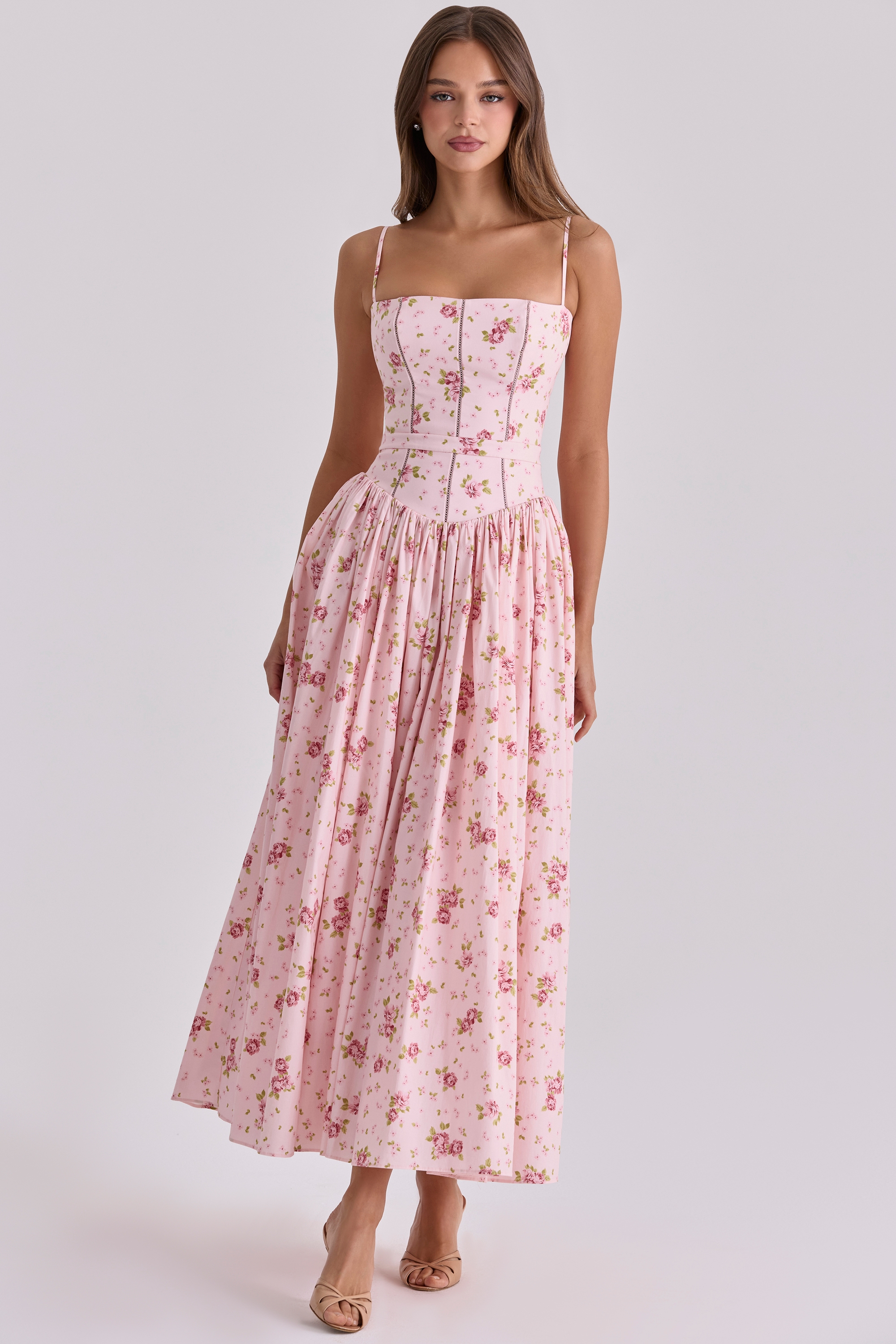 pink vintage rose print cotton midi sundress | House of CB