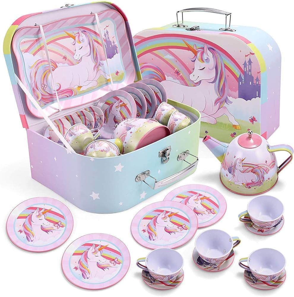 JOYIN Unicorn Castle Tea Set for Toddlers, Pretend Tin Teapot Set for Girls, Princess Tea Party S... | Amazon (US)