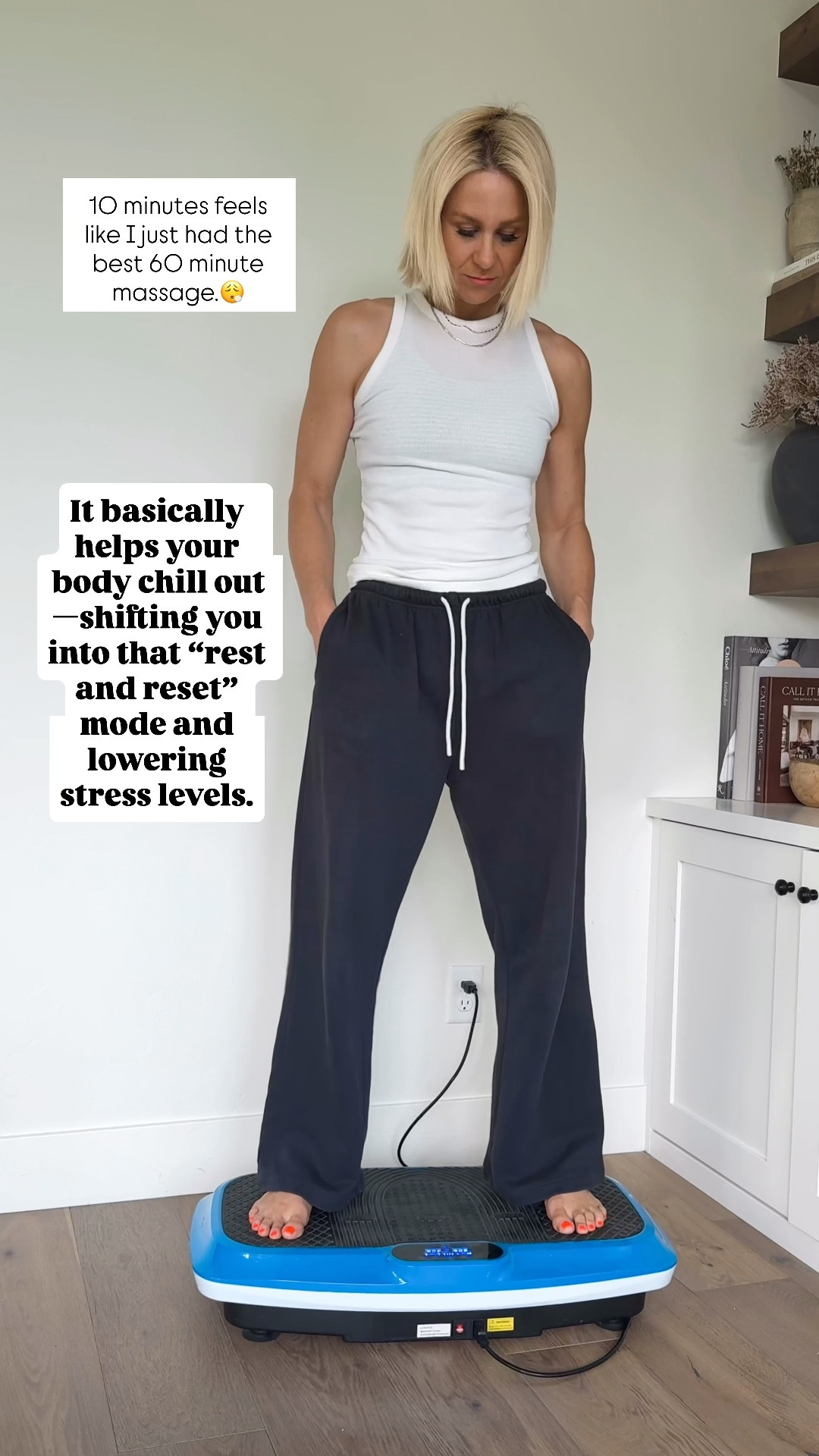 The benefits of a vibration plate: it improves circulation, muscle strength, balance, and flexibility — I also like it to relieve muscle soreness and stiffness. 
Medium speed, 10-20 minutes 3x a week is what I do.

#LTKfitnessgoals #LTKselfcare #LTKOver40

#LTKOver40 #LTKmomlife #LTKfitnessgoals