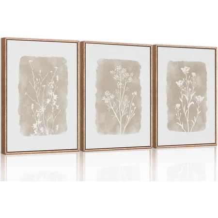 Botanical Farmhouse Wall Art Set, Framed Boho Plant Wall Decor, Neutral Minimalist Floral Wall Painting, Rustic Wildflower Canvas Art Prints for Living Room, Bedroom, Bathroom - Large 16"x24"x3 | Walmart (US)