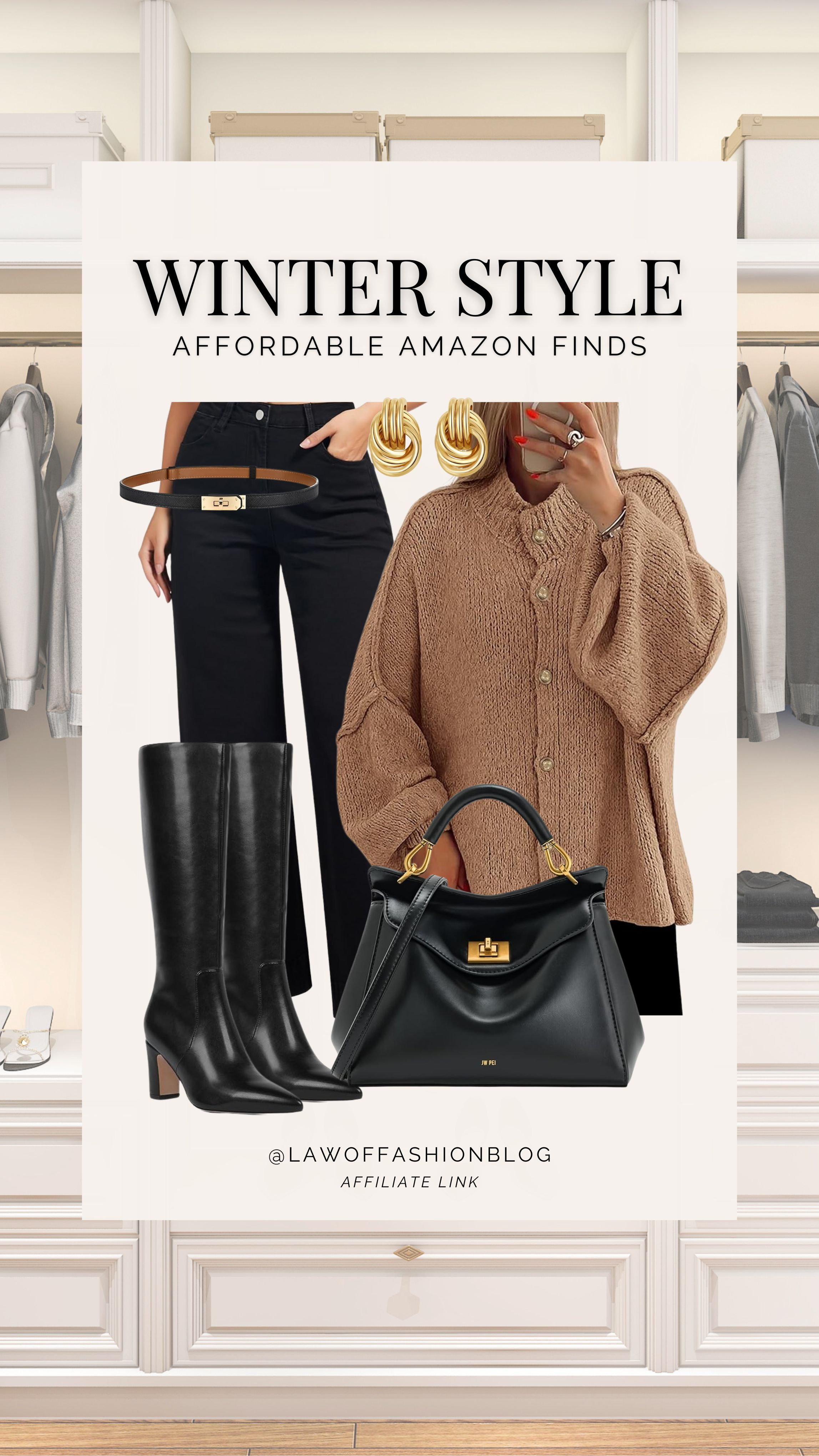 Elevate your winter style with these must-have pieces! Trendy gold knot earrings, knee-high boots, wide leg jeans, adjustable belt, cozy cardigan, classic handbag. Stay warm and stylish this season! 

Winter style, winter fashion, affordable women's clothing, Amazon fashion. 

 #LTKootd #LTKSeasonal #LTKFindsUnder50