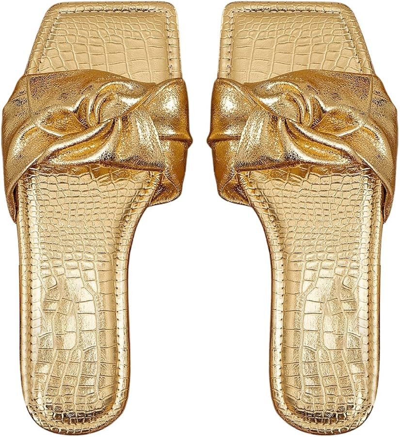 GORGLITTER Women's Gold Flat Sandals Square Toe Metallic Ruched Summer Dressy Cute Slide Shoes | Amazon (US)