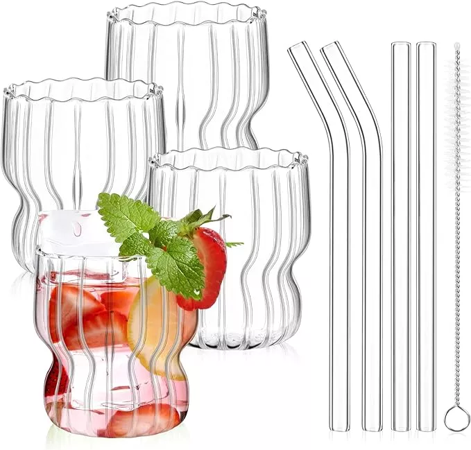 URMAGIC Ribbed Glass Cups with Lids and Straws,2 Pcs
