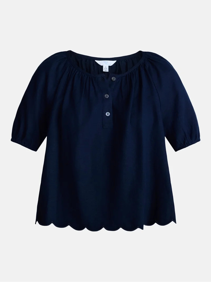 Time and Tru Women's Linen Blend Blouse with Scalloped Hem, Sizes XS-XXXL | Walmart (US)