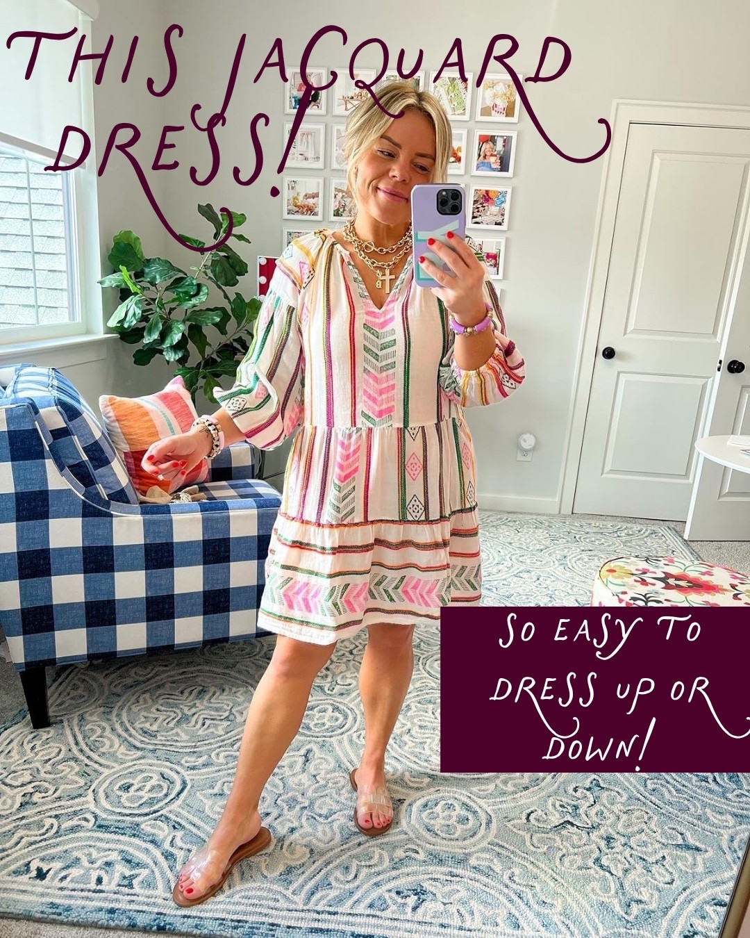 This colorful jacquard dress is such a fun statement piece! 💕 I love the playful pattern, relaxed fit, and how easily it can be styled with casual sandals or dressed up with heels and jewelry. It’s the perfect throw-on-and-go dress for brunch, lunch dates, or everyday plans when you still want to look put together!

#LTKOOTD #LTKOver40 #LTKSeasonal #LTKStyleTip