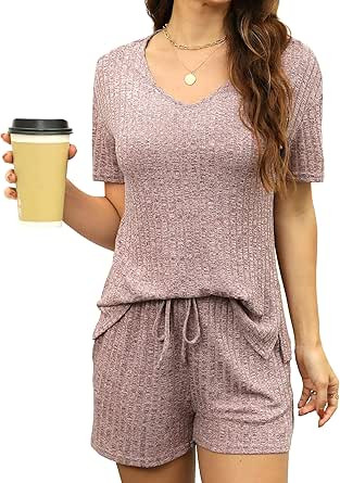 YOGINGO Womens Pajama Sets V Neck Ribbed Knit Lounge Sets Sleepwear Short Sleeve Matching Pjs Two... | Amazon (US)