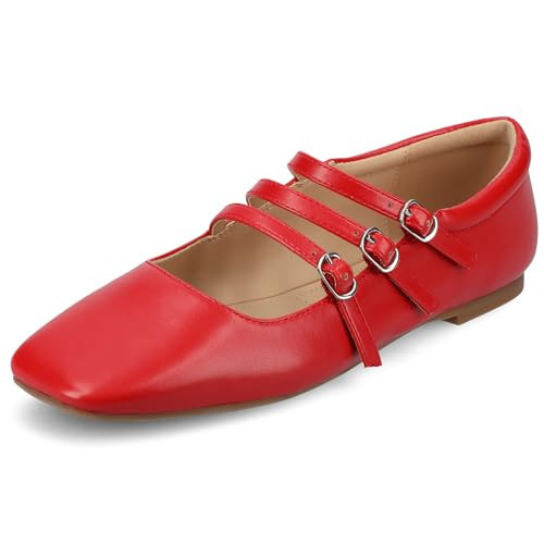 Journee Collection Women's Darlin Mary Jane Square Toe Flats, Red, 7.5 | Amazon (US)
