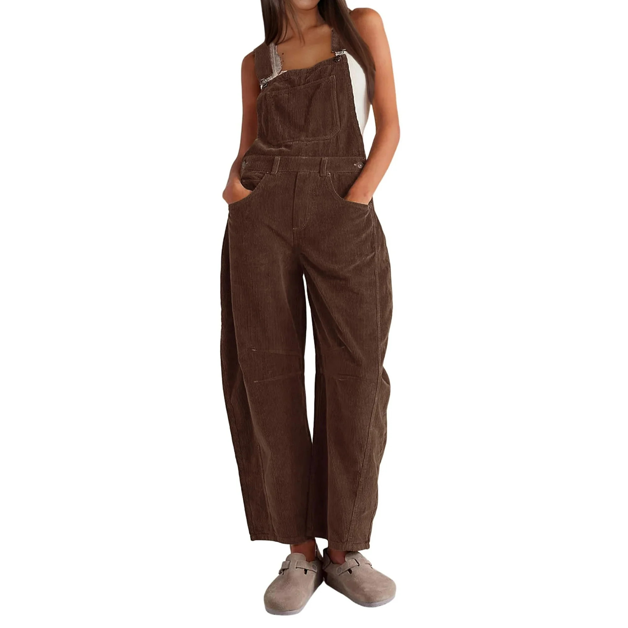 PUWEI Women's Corduroy Overalls Wide Leg Barrel Jeans Adjustable Straps Bib Romper with Pockets -... | Walmart (US)