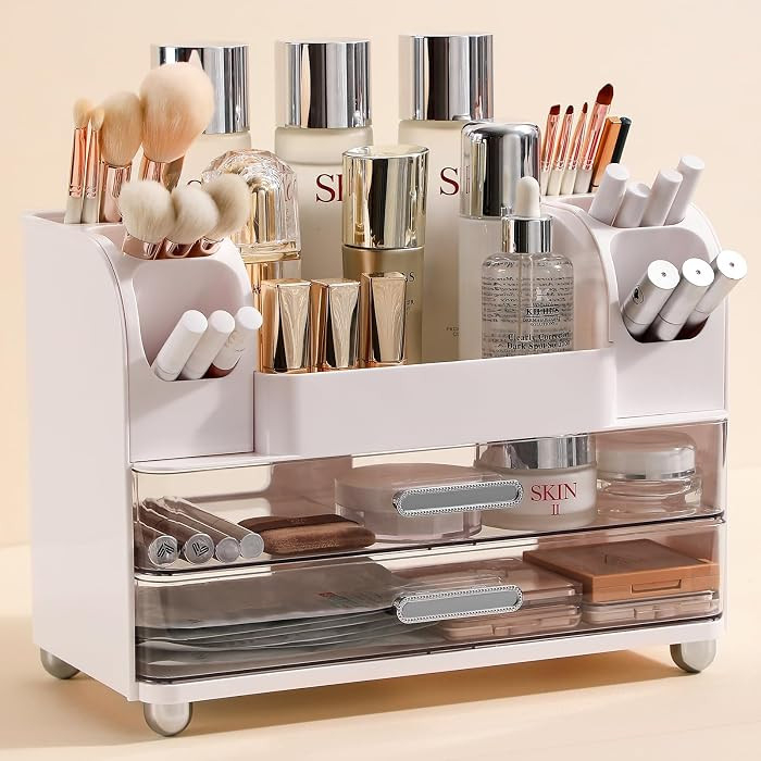 Makeup Organizer Countertop with Large Drawers, Vanity Organizer with Brush Holder, Skin Care Sto... | Amazon (US)