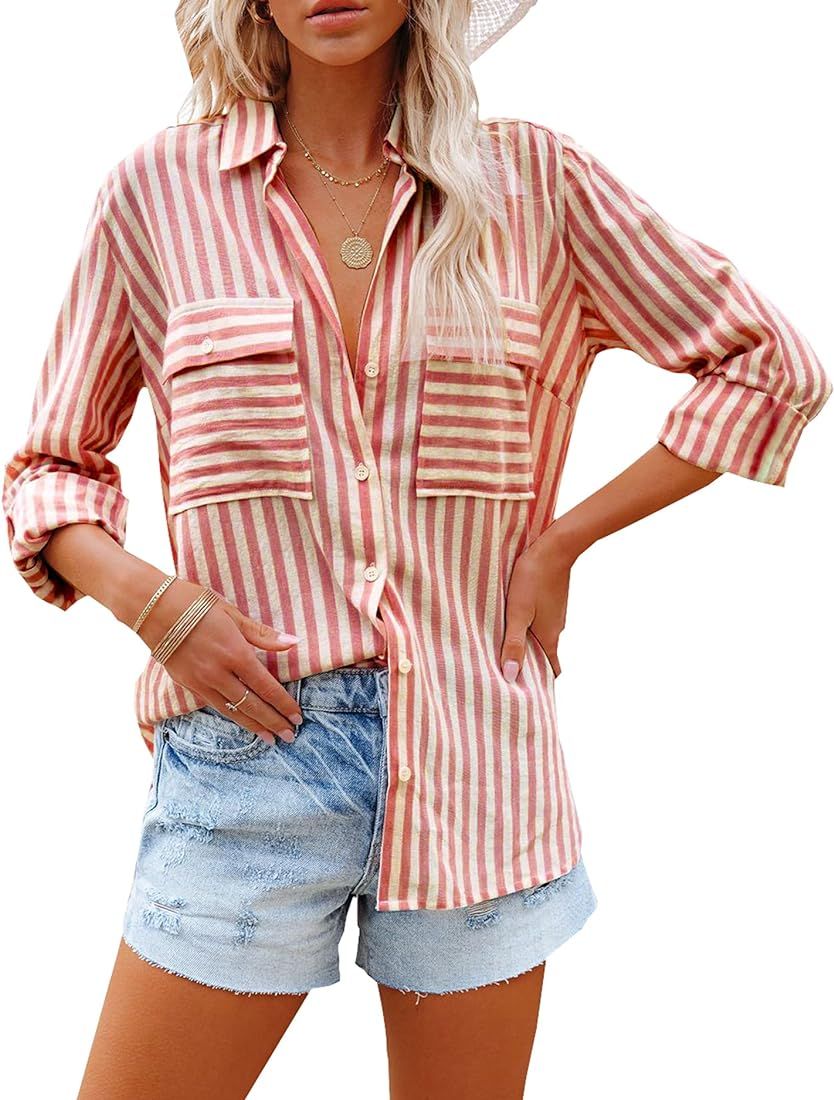 OMSJ Women's Striped Button Down Shirts Casual Long Sleeve Stylish V Neck Blouses Tops with Pocke... | Amazon (US)